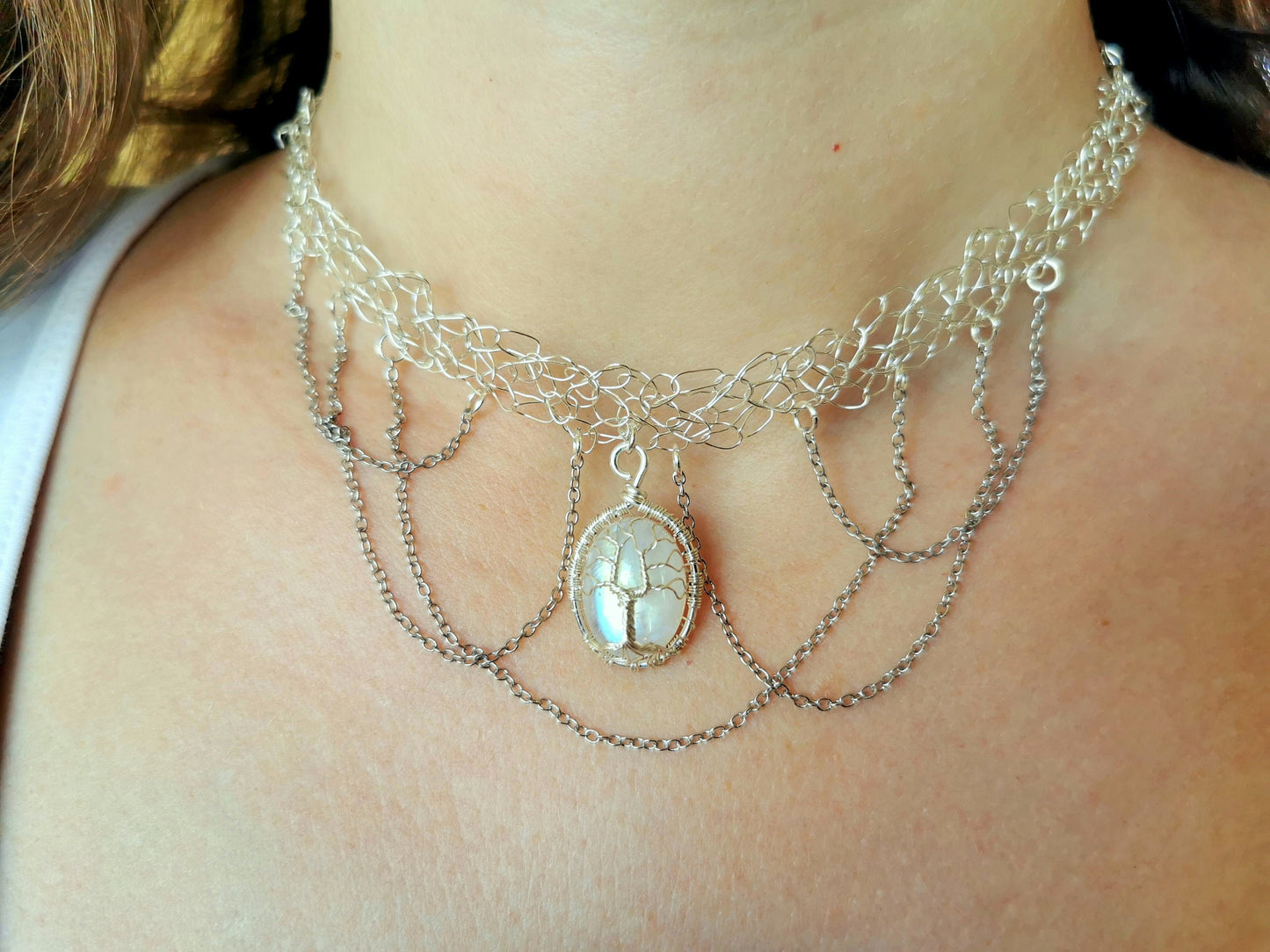 Wire crochet choker with a moonstone
