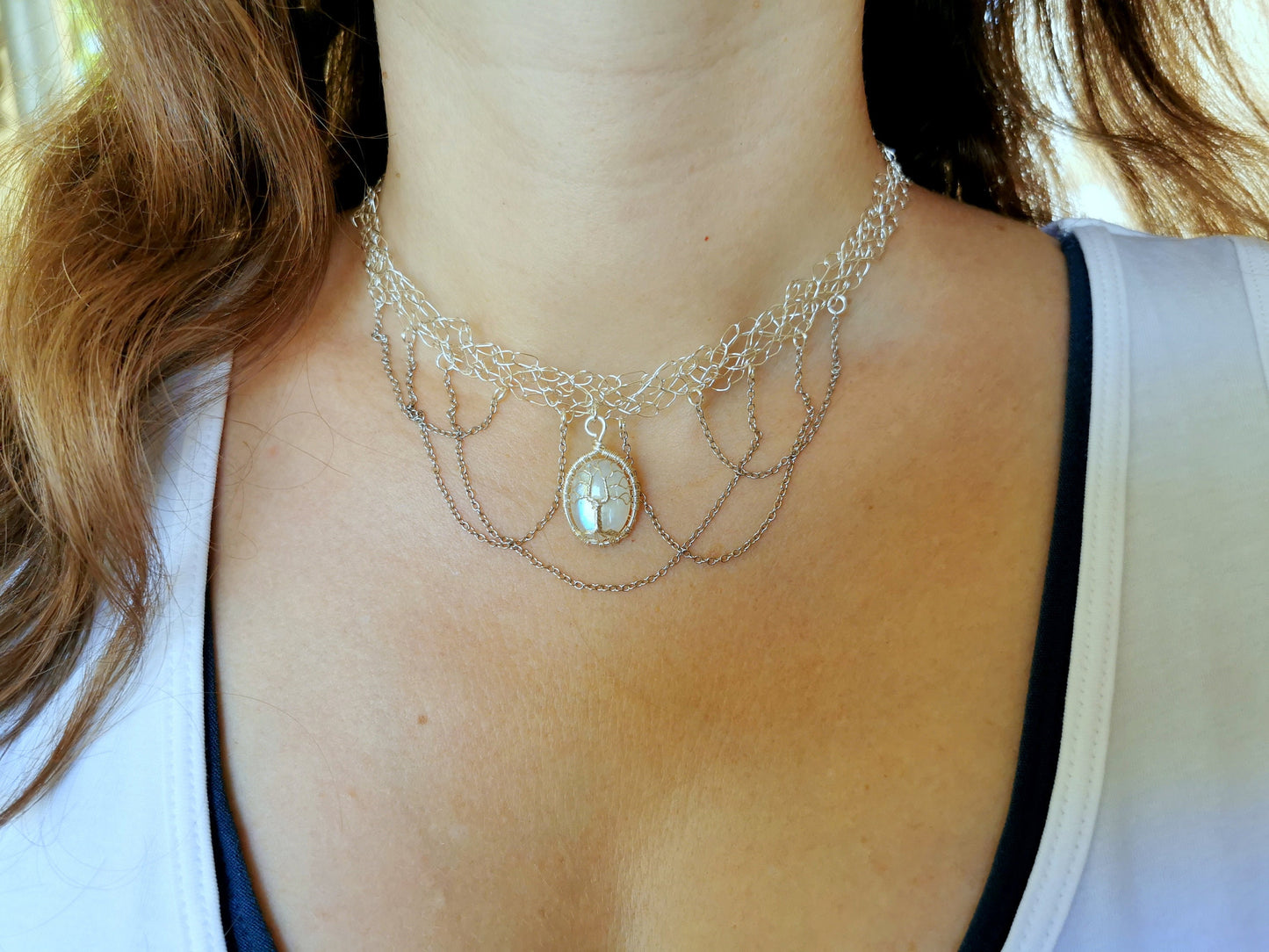 Wire crochet choker with a moonstone