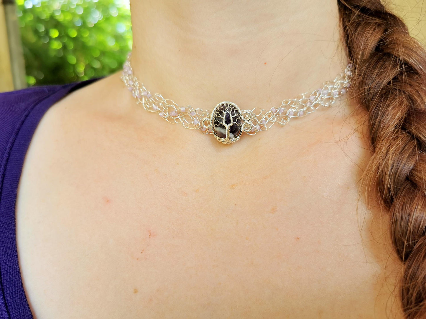 Wire crochet choker with a moonstone