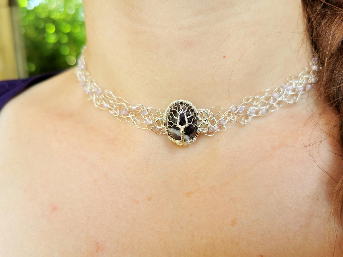 Wire crochet choker with a moonstone