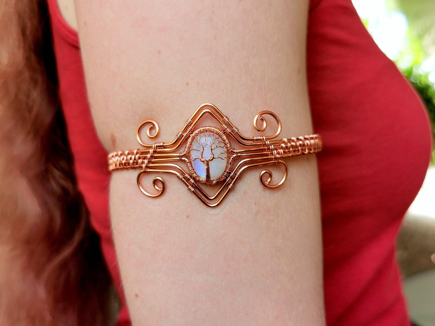 Tree arm ring with a moonstone gemstone