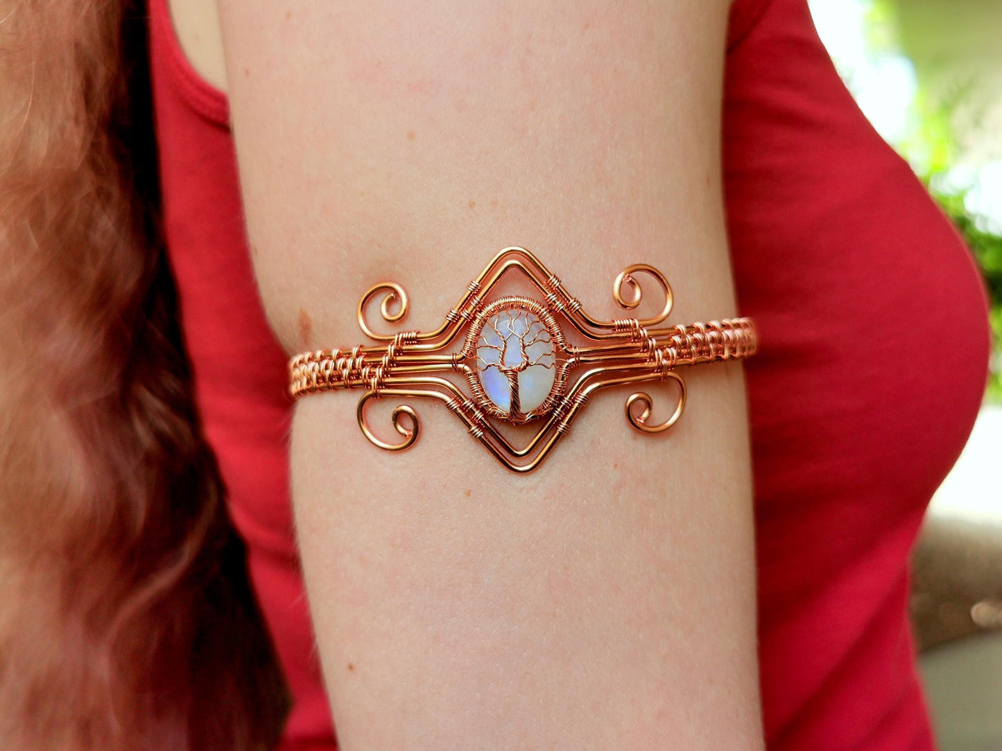 Tree arm ring with a moonstone gemstone