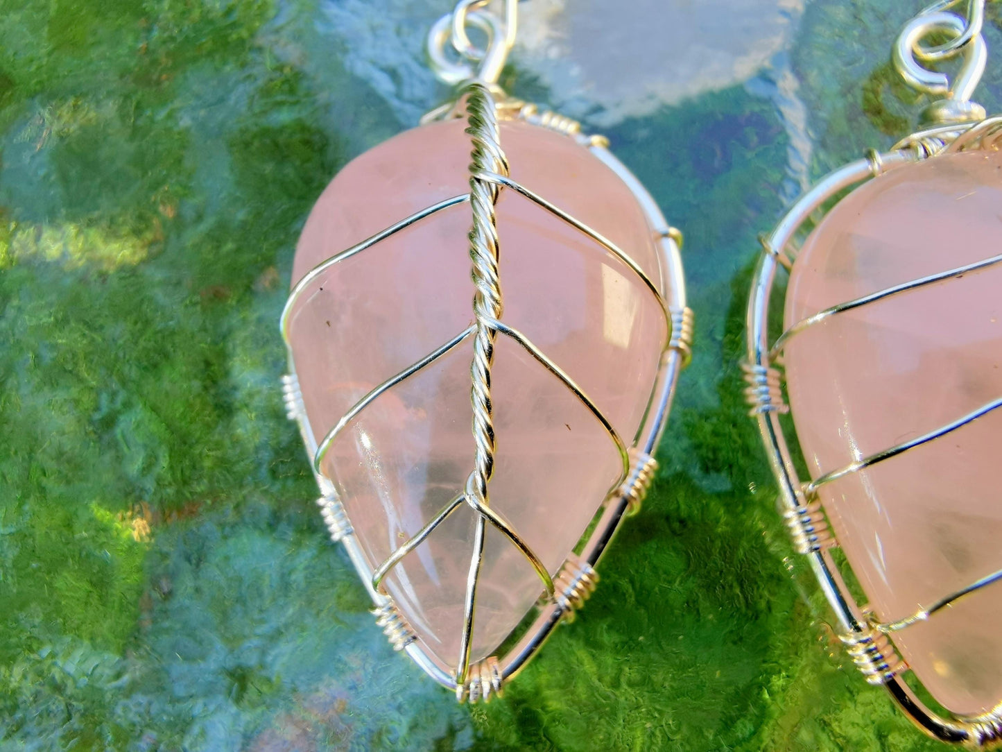 Leaf earrings with rose quartz gemstones