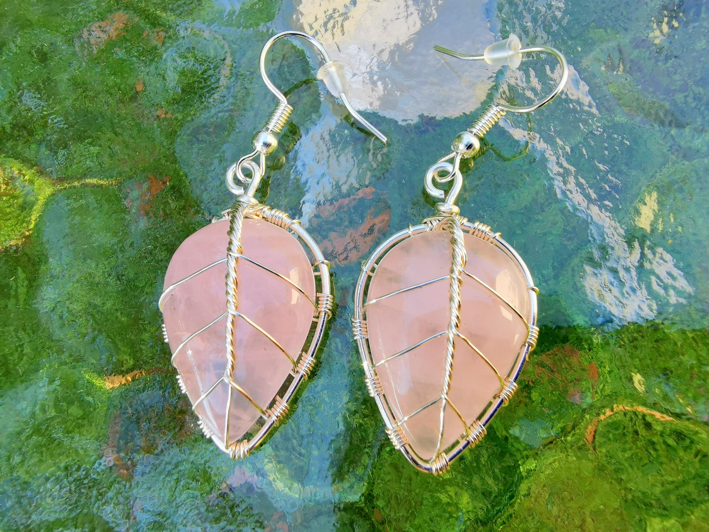 Leaf earrings with rose quartz gemstones