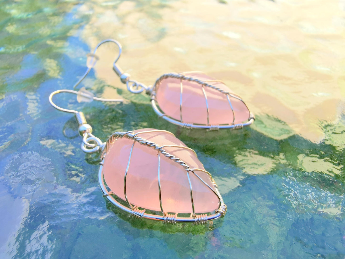 Leaf earrings with rose quartz gemstones