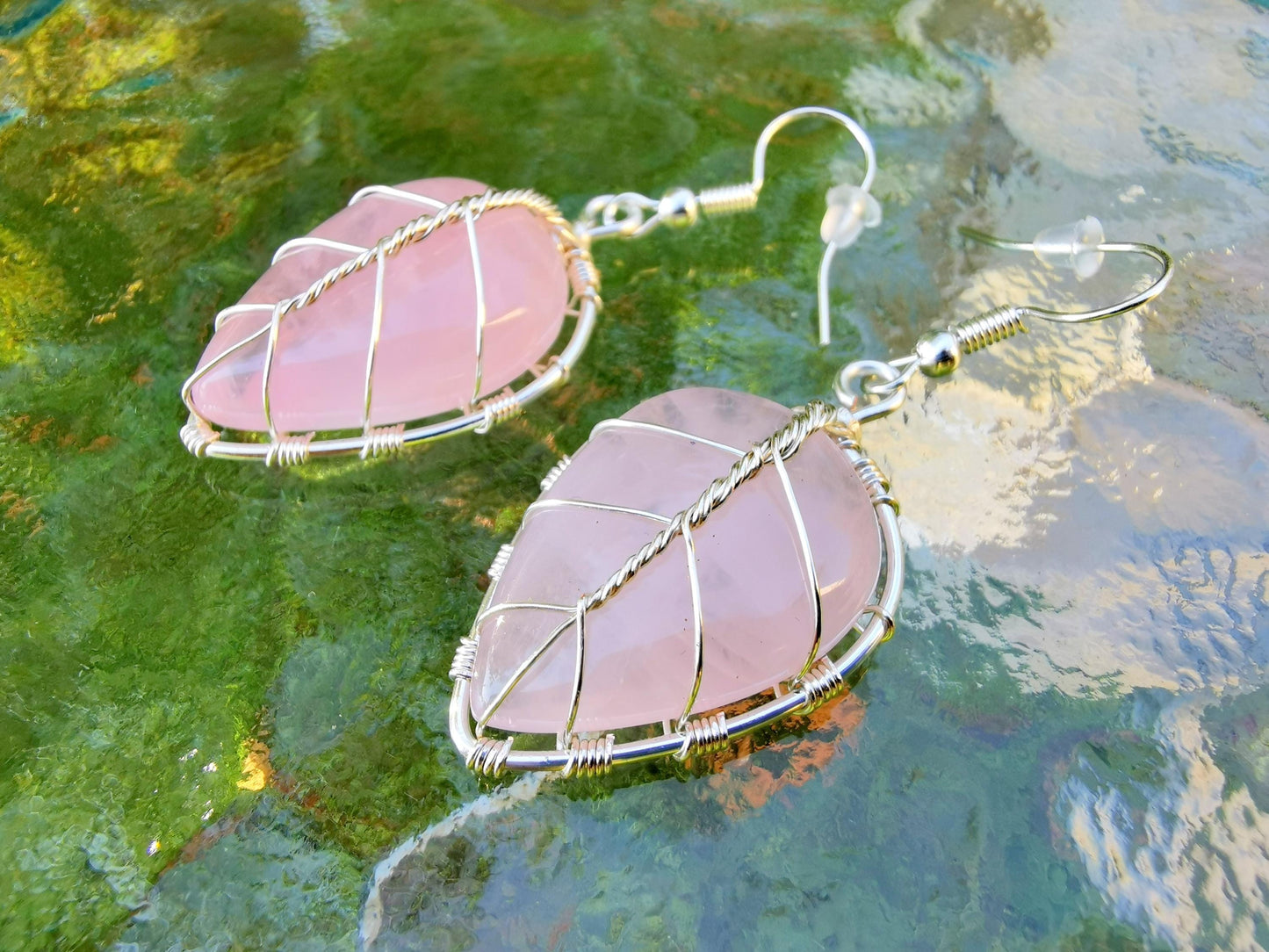 Leaf earrings with rose quartz gemstones