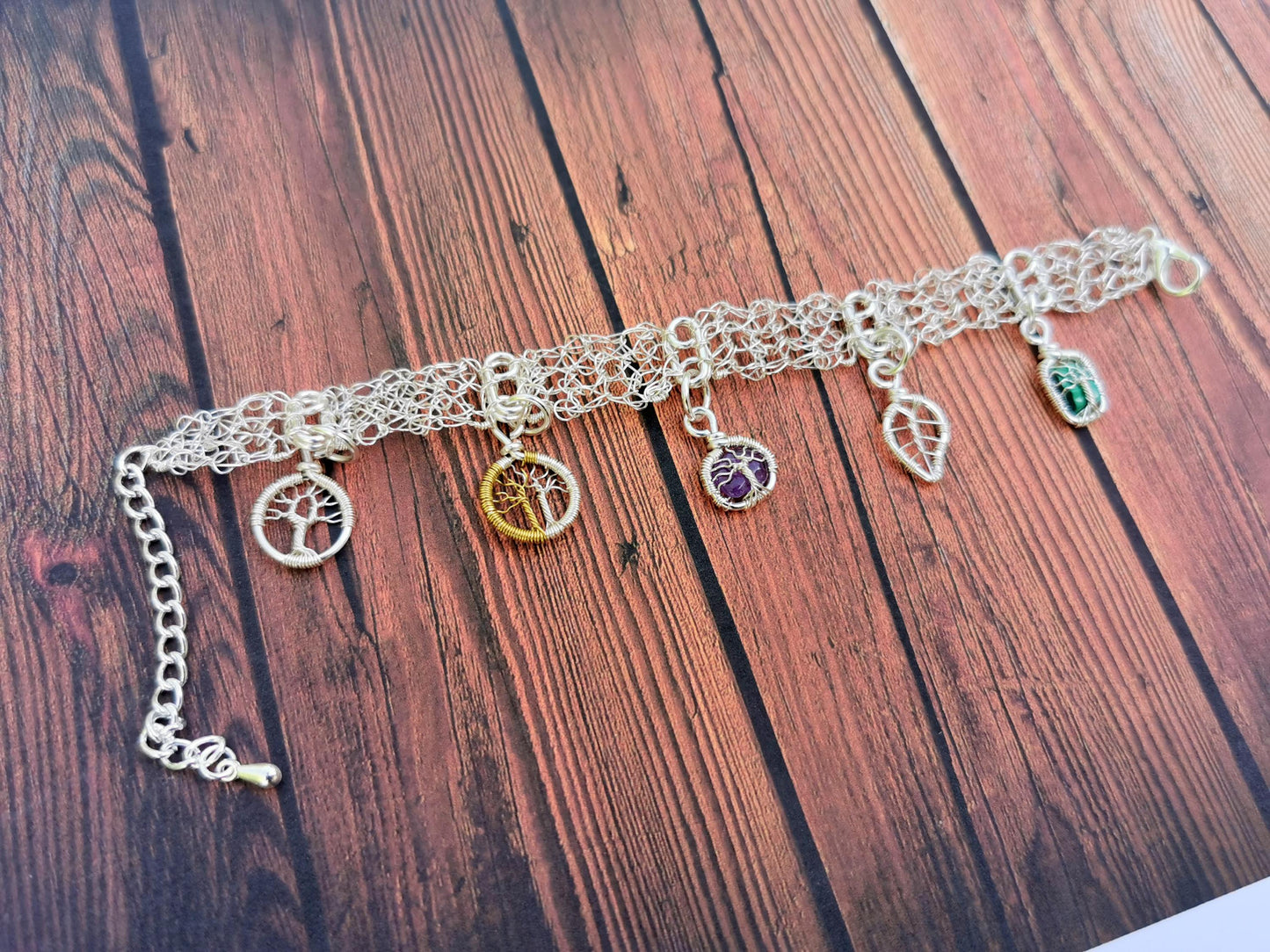 Wire crochet charm bracelet with 5 wire-wrapped charms