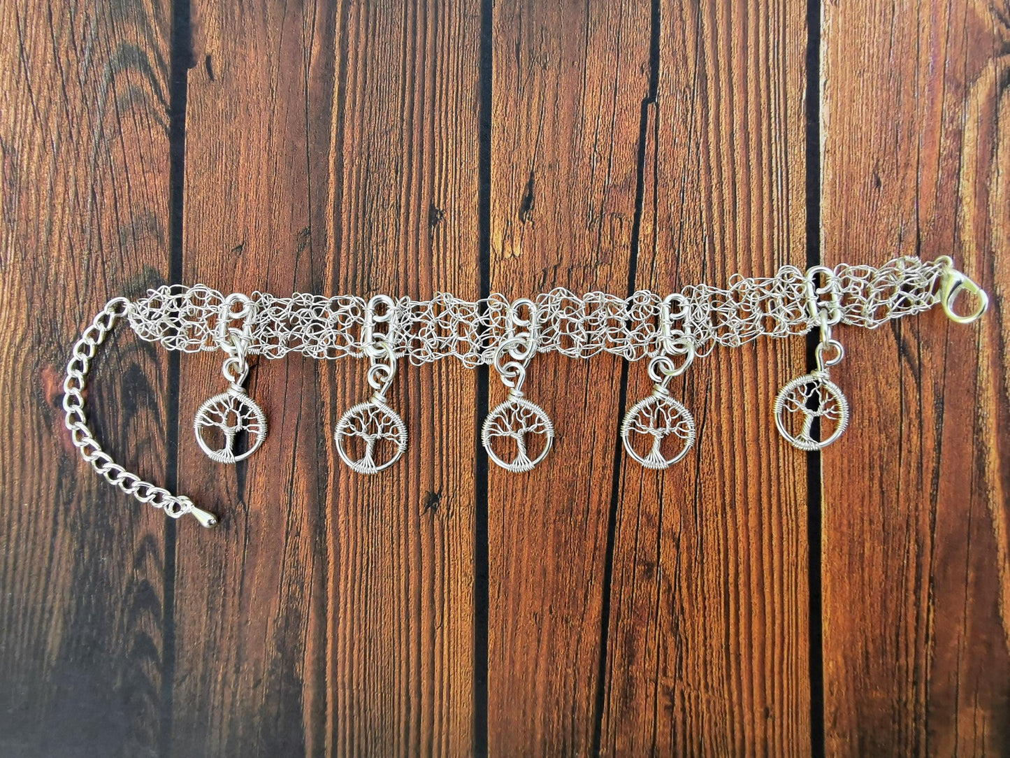 Wire crochet charm bracelet with 5 wire-wrapped charms
