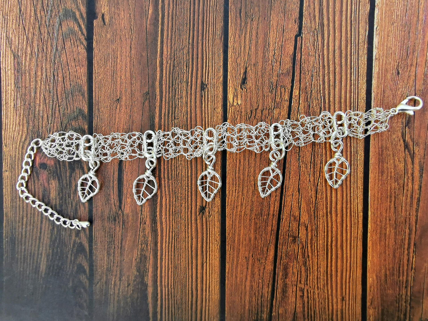 Wire crochet charm bracelet with 5 wire-wrapped charms
