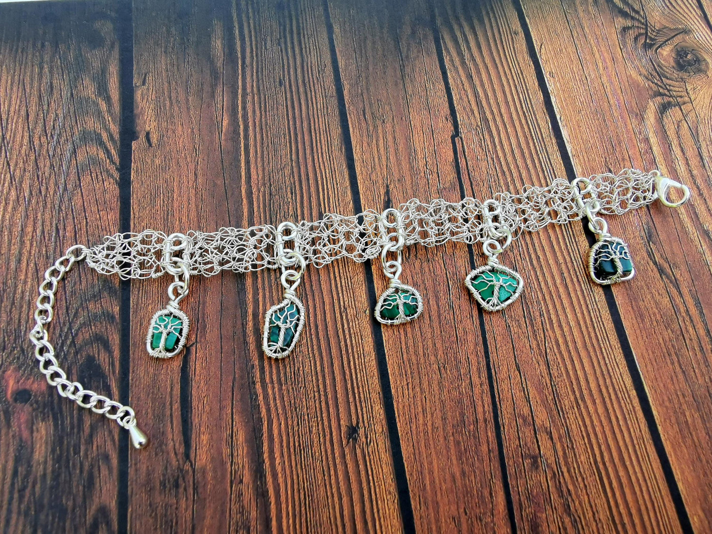 Wire crochet charm bracelet with 5 wire-wrapped charms