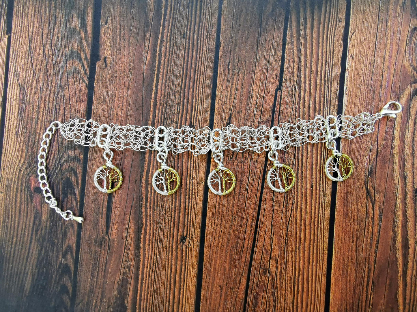 Wire crochet charm bracelet with 5 wire-wrapped charms