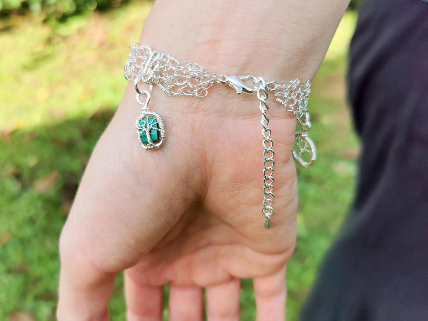 Wire crochet charm bracelet with 5 wire-wrapped charms
