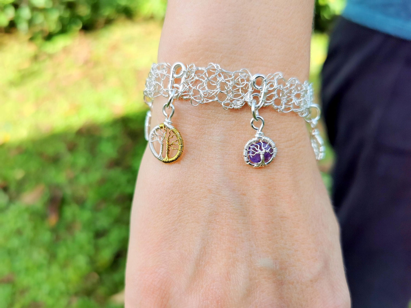 Wire crochet charm bracelet with 5 wire-wrapped charms