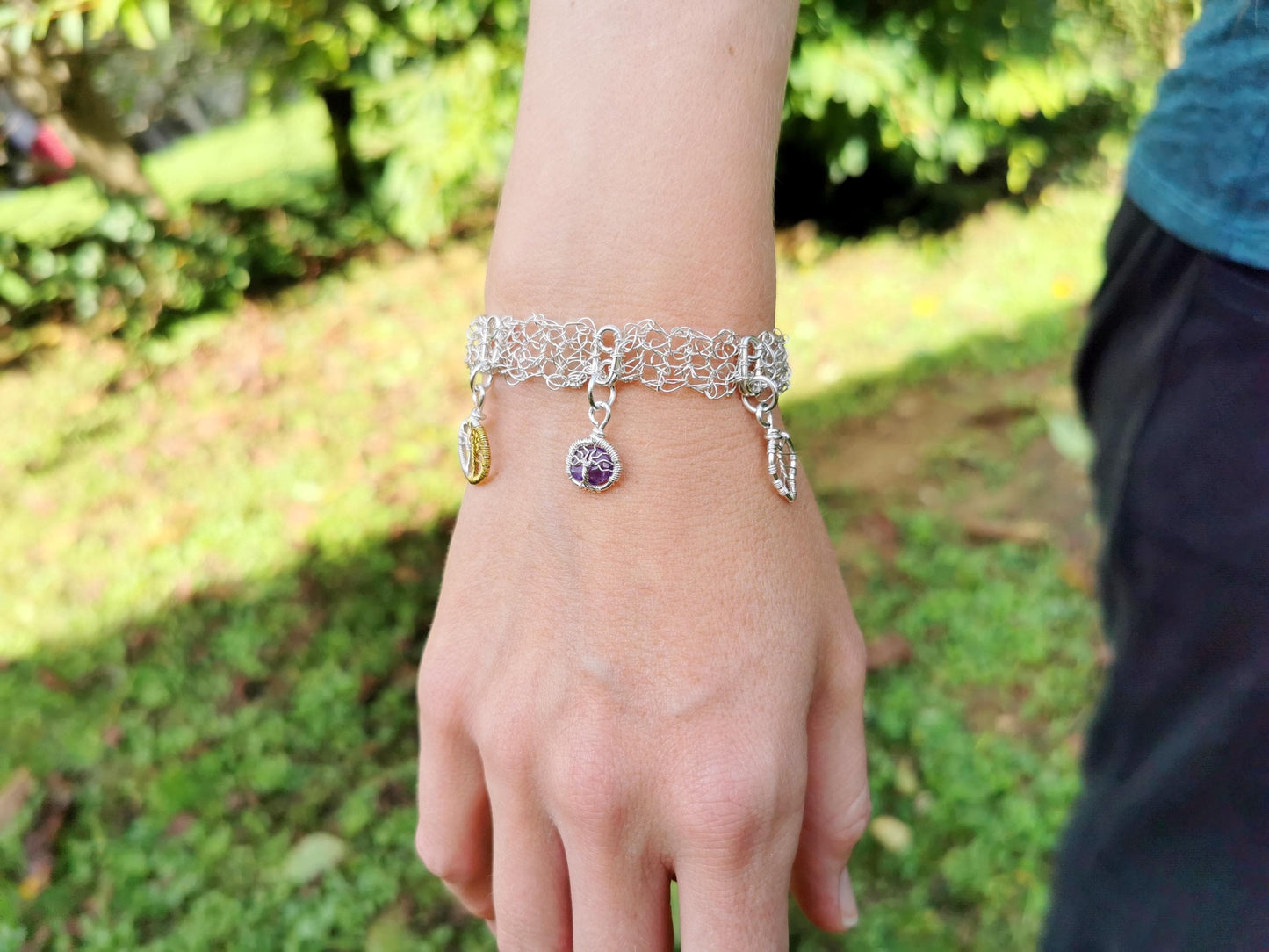 Wire crochet charm bracelet with 5 wire-wrapped charms
