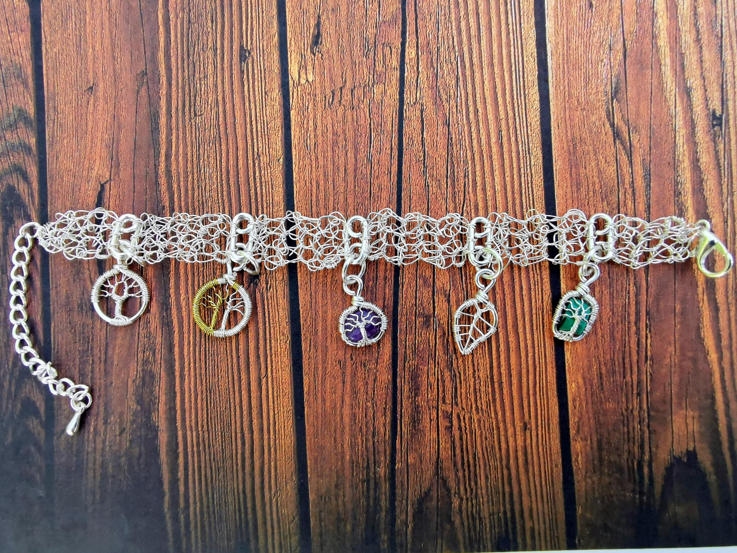 Wire crochet charm bracelet with 5 wire-wrapped charms