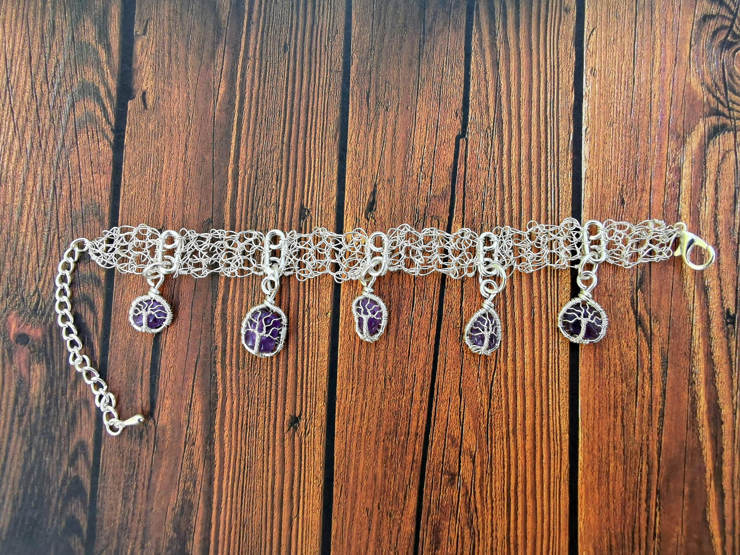 Wire crochet charm bracelet with 5 wire-wrapped charms