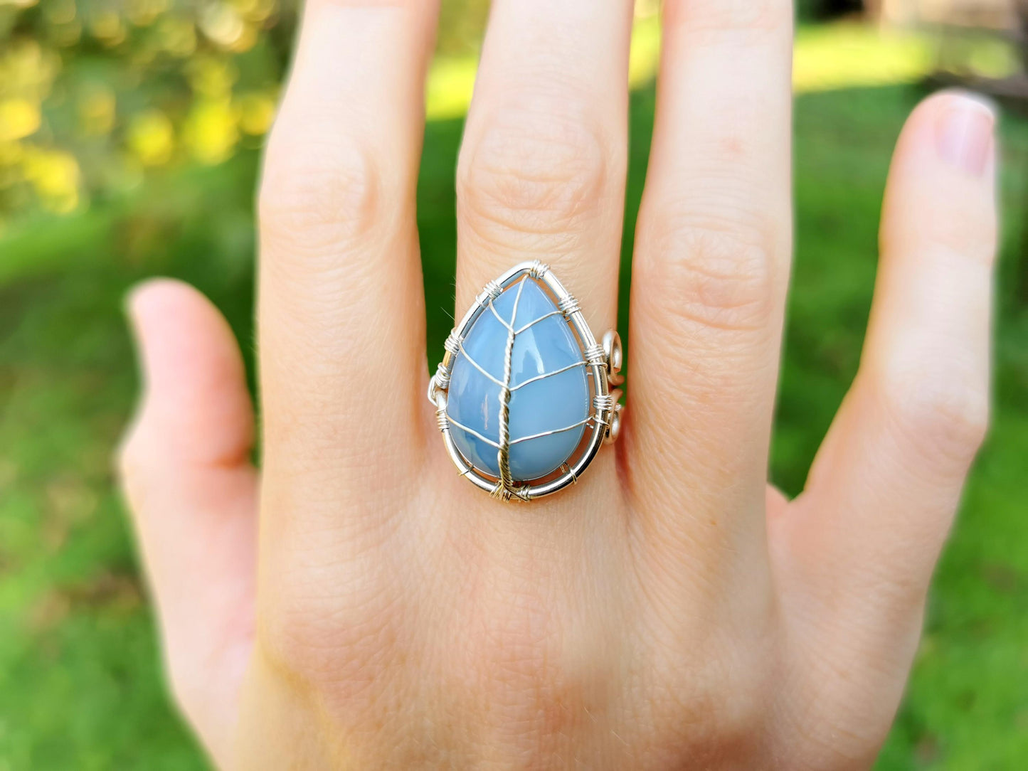 Leaf ring with a blue opal gemstone