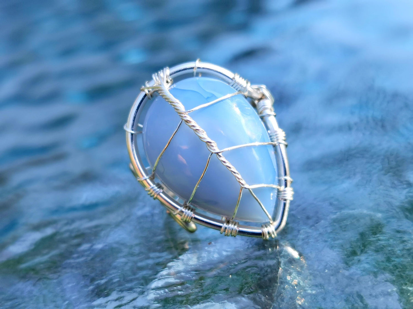 Leaf ring with a blue opal gemstone