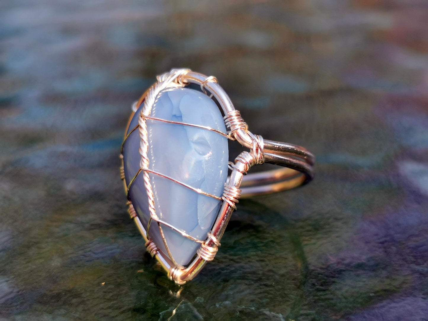 Leaf ring with a blue opal gemstone