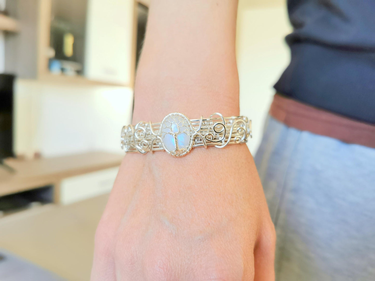 Cuff tree bracelet with a moonstone