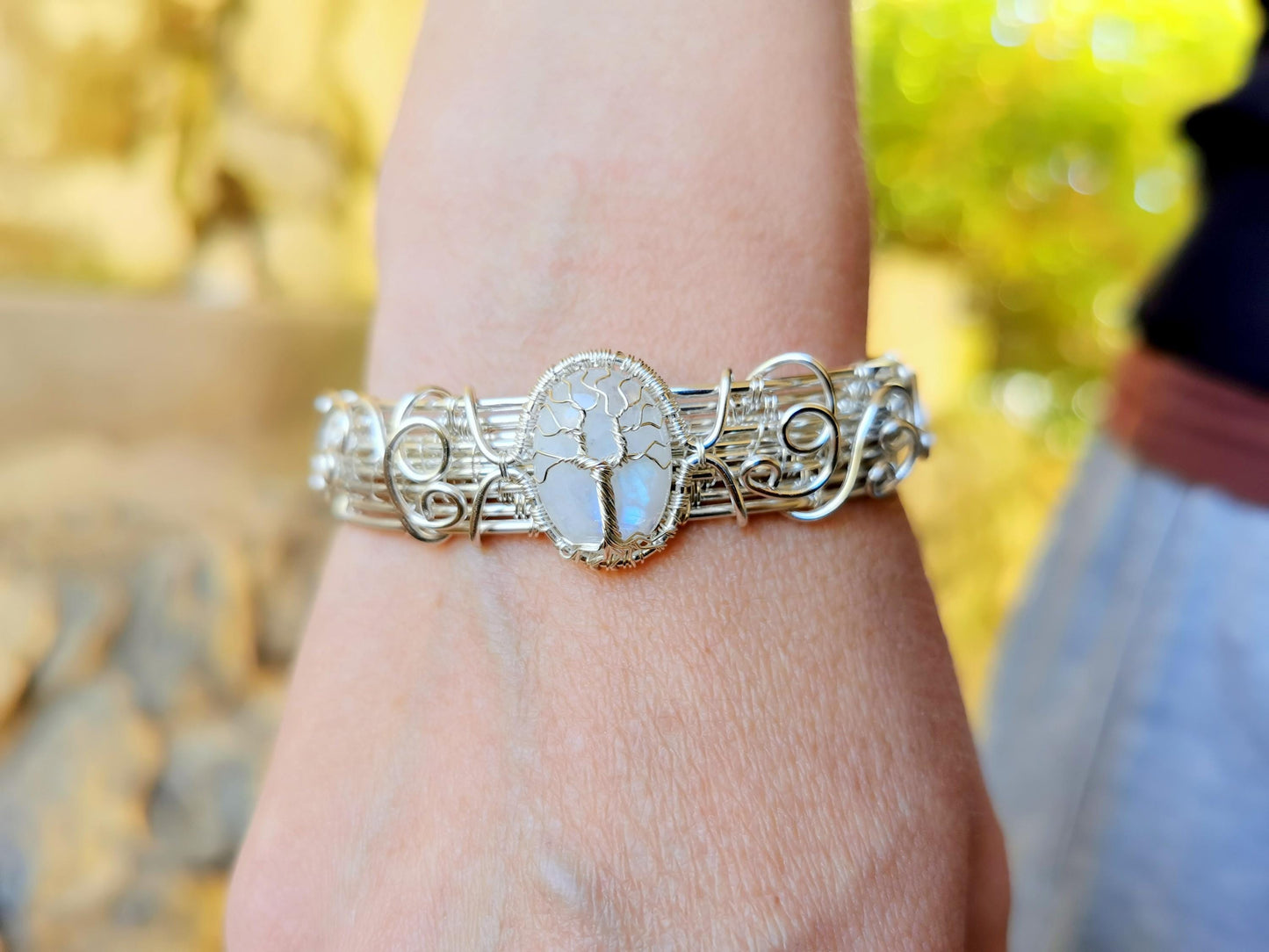 Cuff tree bracelet with a moonstone