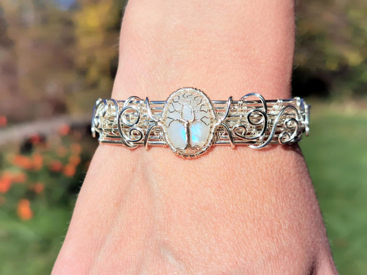 Cuff tree bracelet with a moonstone