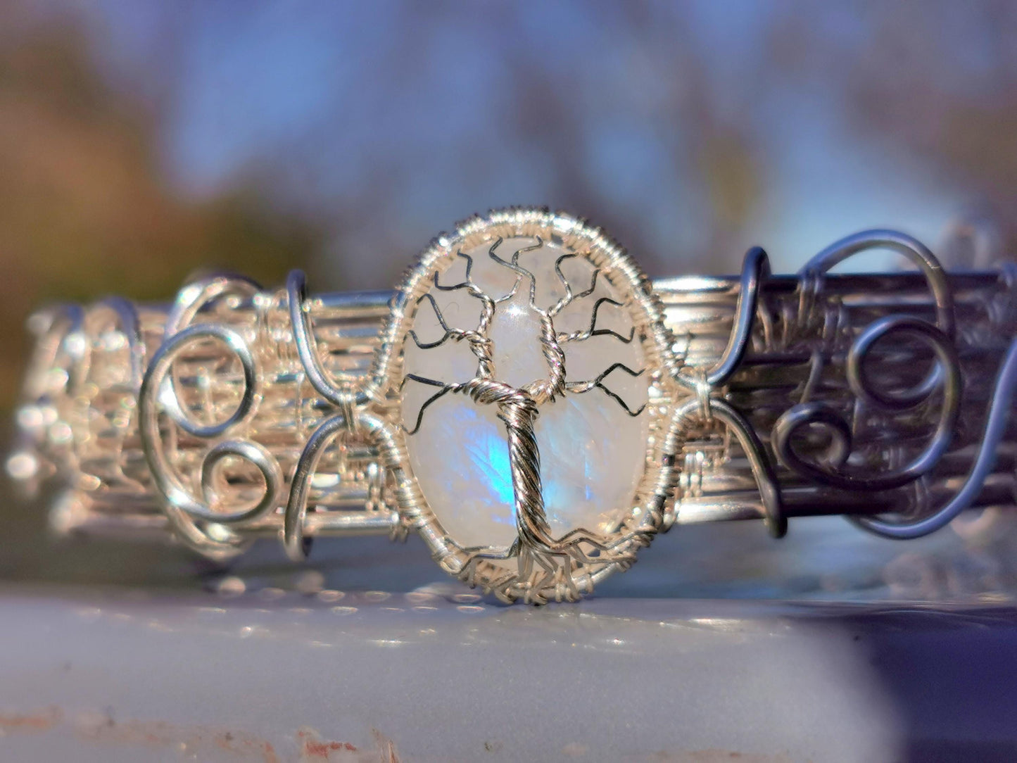 Cuff tree bracelet with a moonstone
