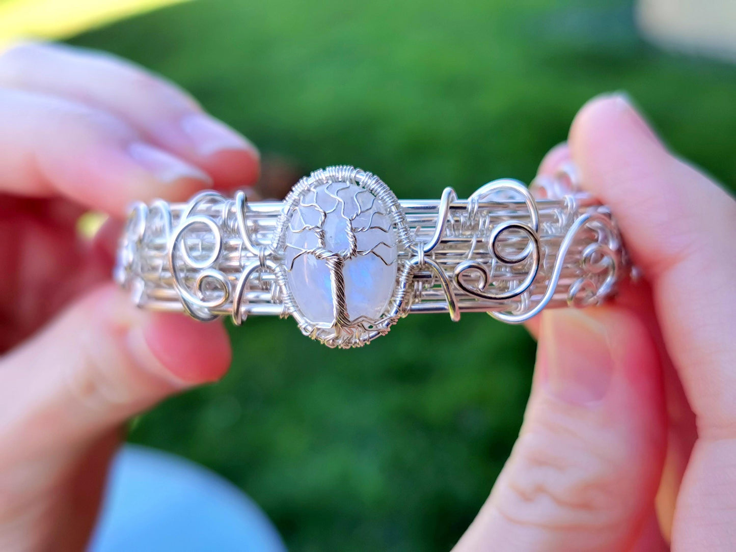 Cuff tree bracelet with a moonstone