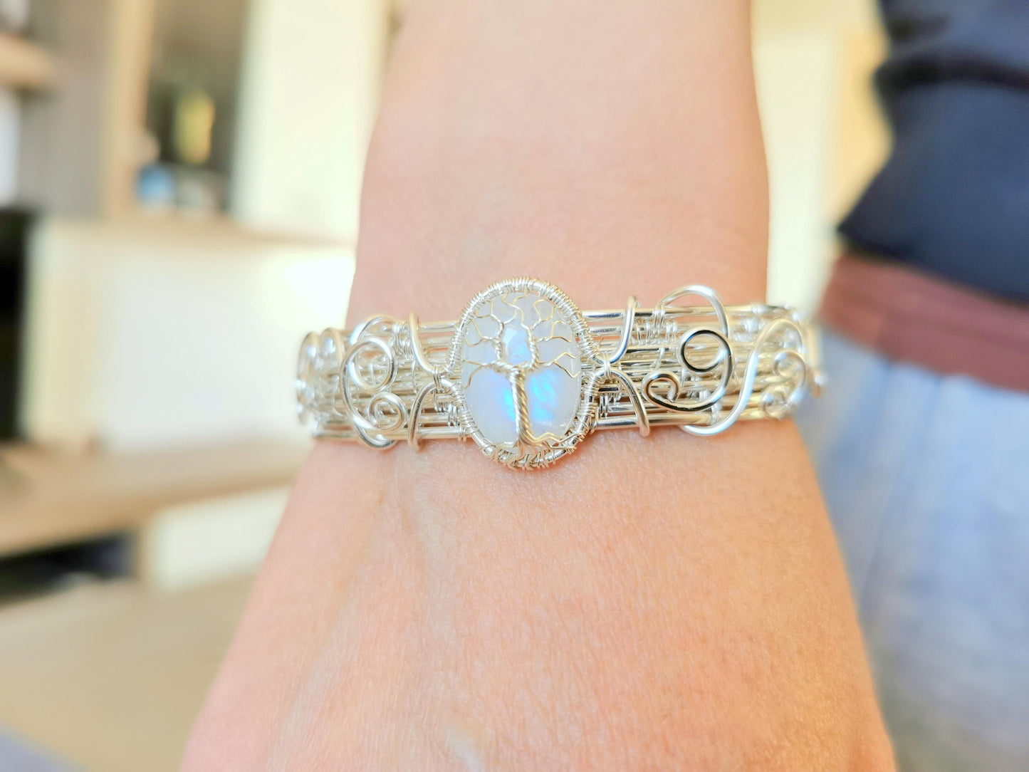 Cuff tree bracelet with a moonstone