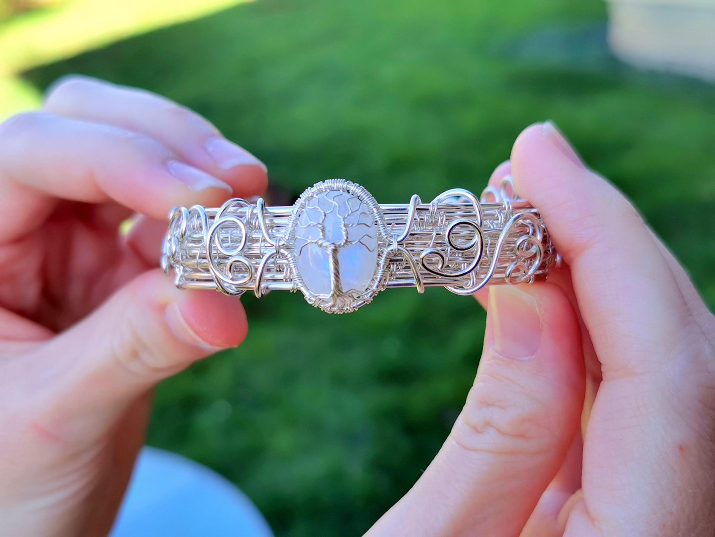 Cuff tree bracelet with a moonstone
