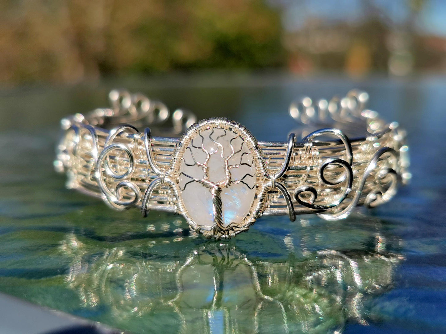 Cuff tree bracelet with a moonstone