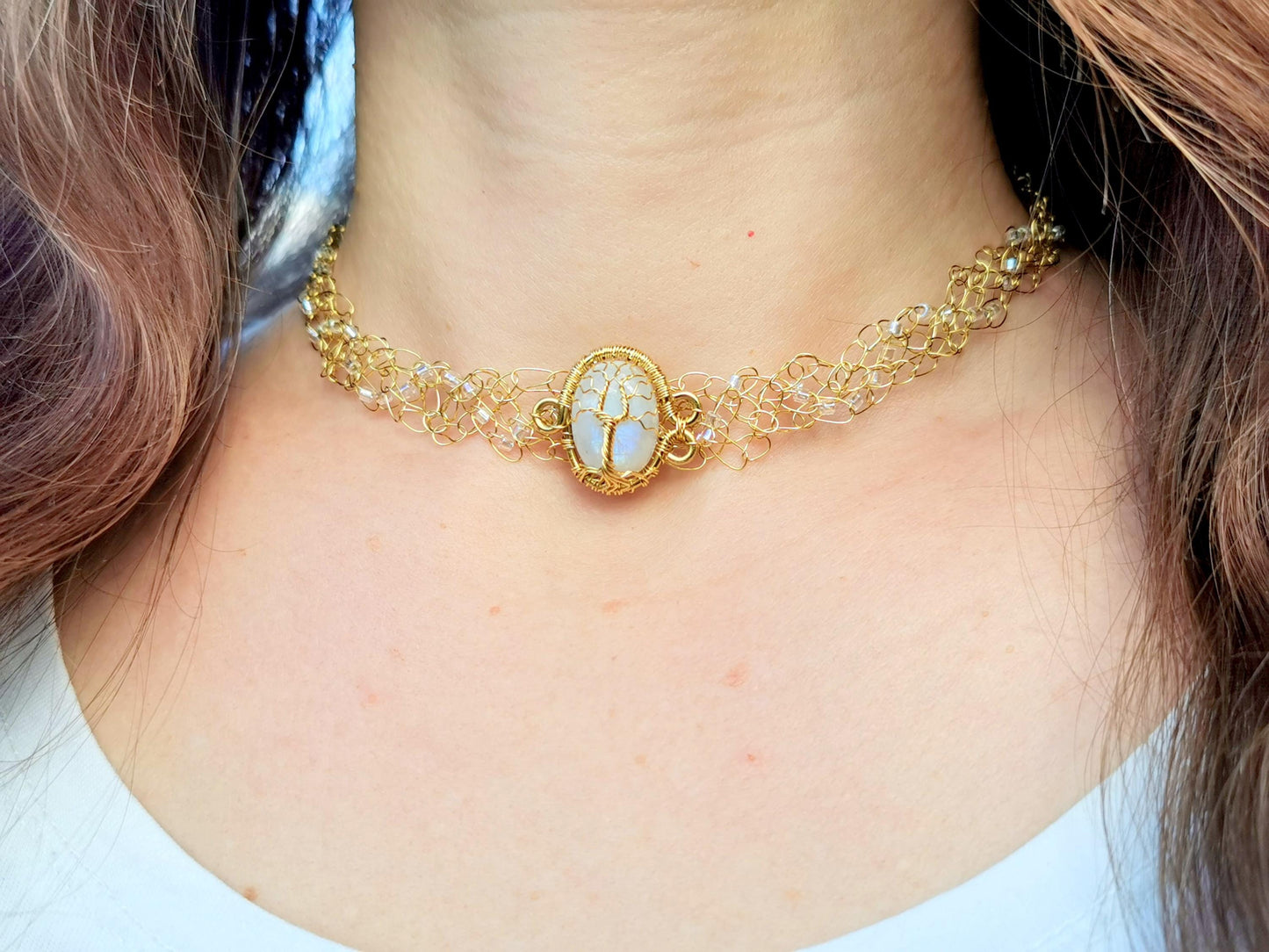 Wire crochet choker with a moonstone
