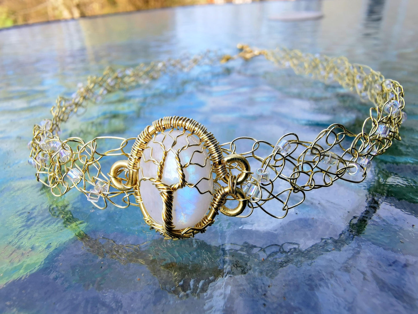 Wire crochet choker with a moonstone