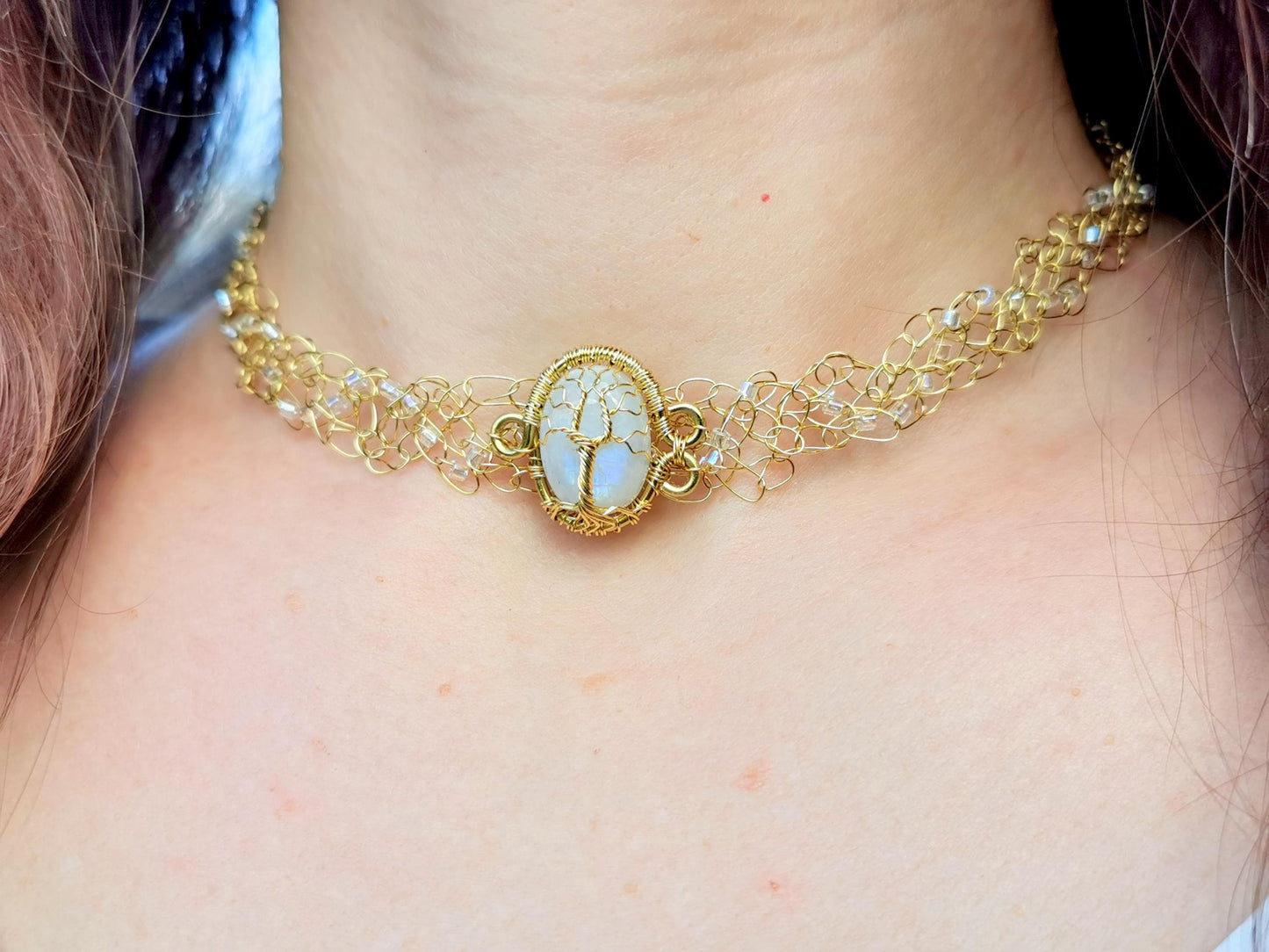 Wire crochet choker with a moonstone