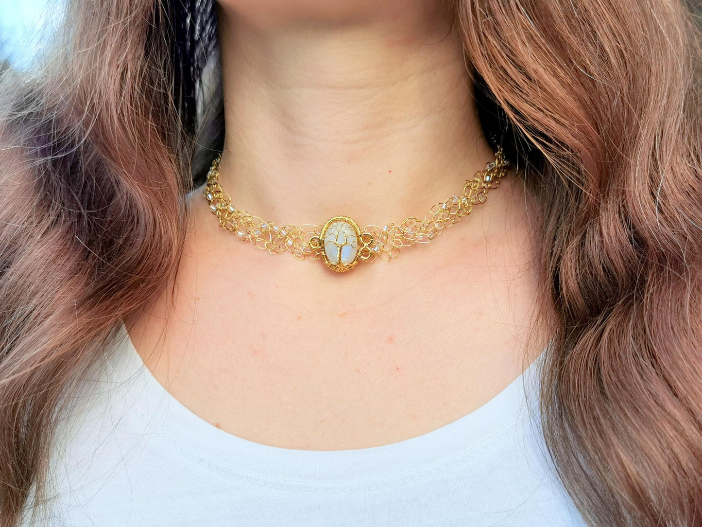 Wire crochet choker with a moonstone