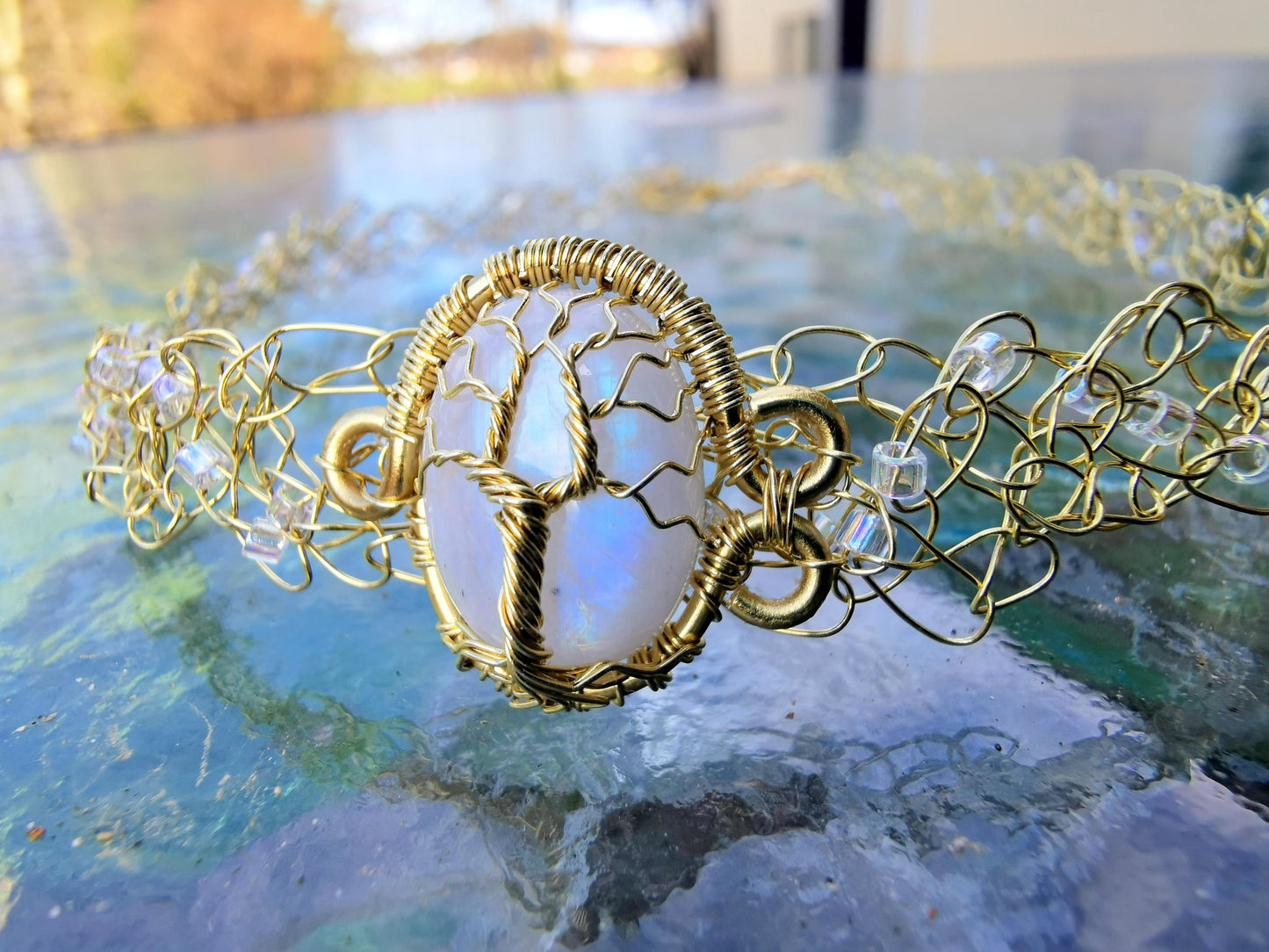 Wire crochet choker with a moonstone
