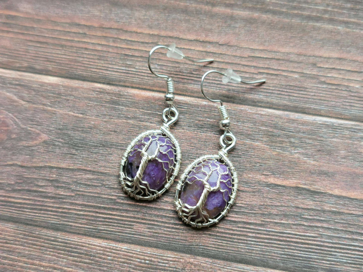 Tree earrings with charoite gemstones