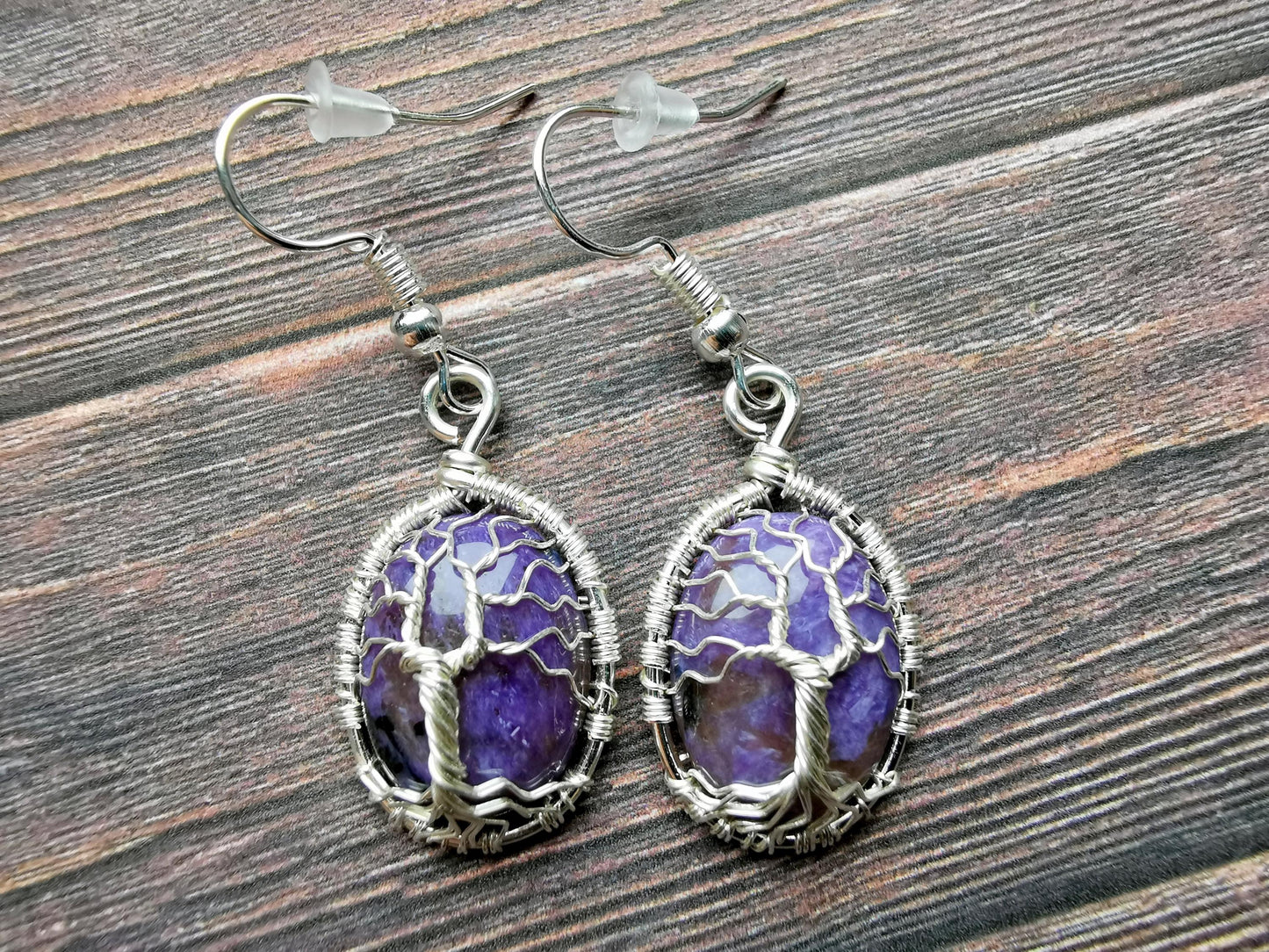 Tree earrings with charoite gemstones
