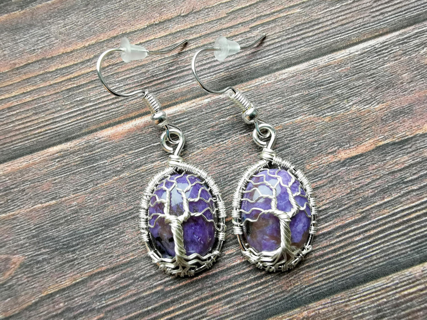 Tree earrings with charoite gemstones