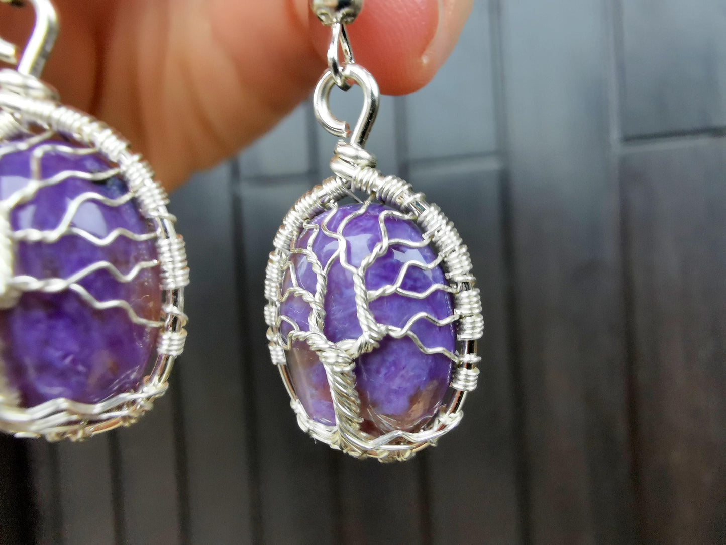 Tree earrings with charoite gemstones