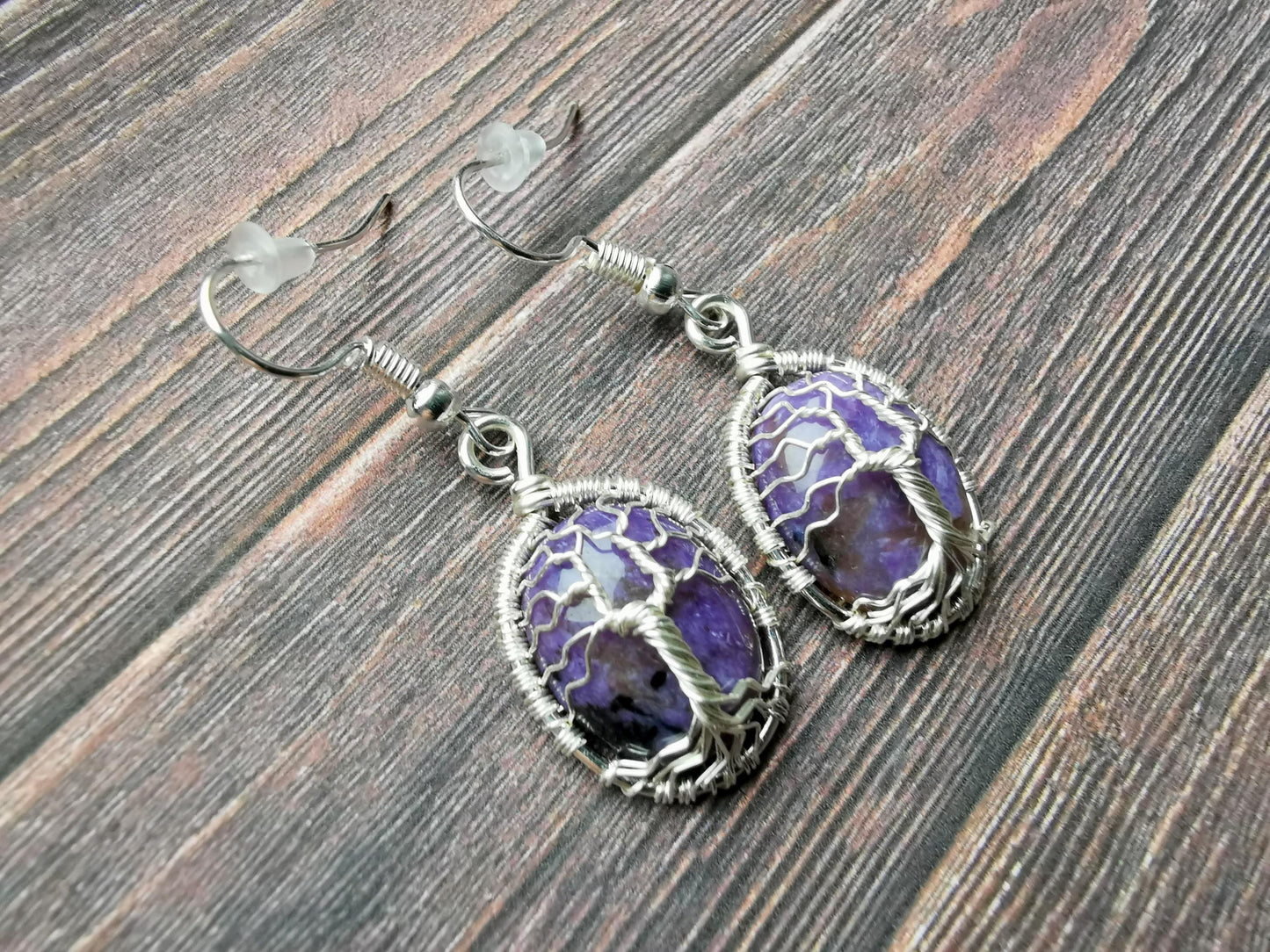 Tree earrings with charoite gemstones