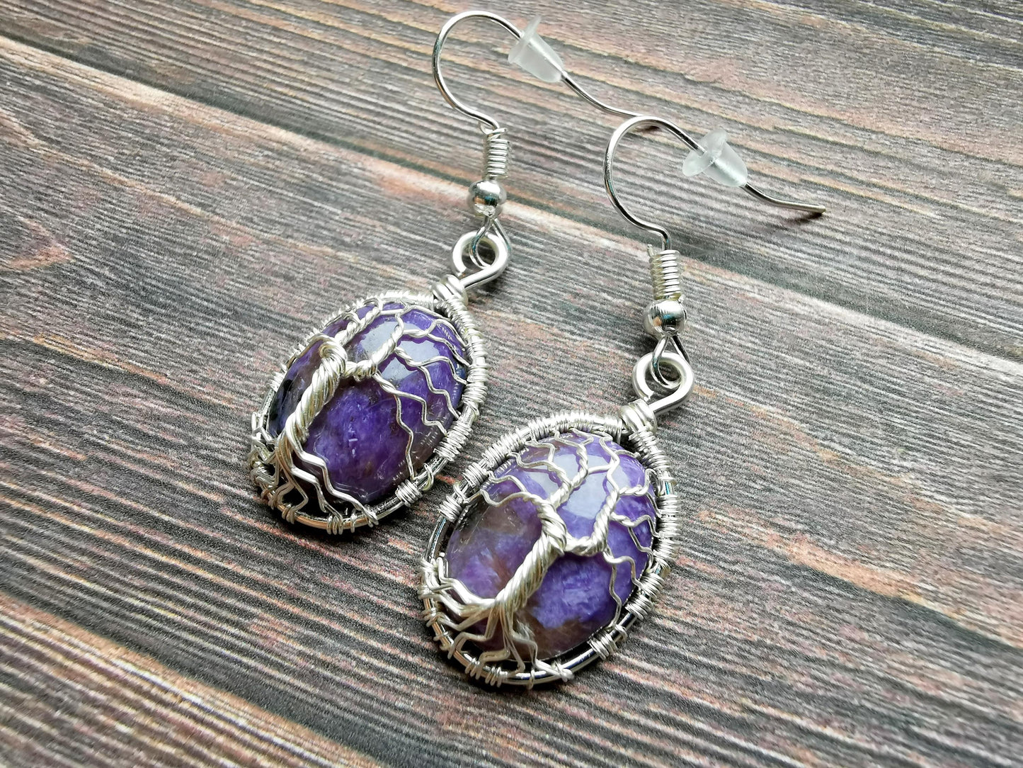 Tree earrings with charoite gemstones