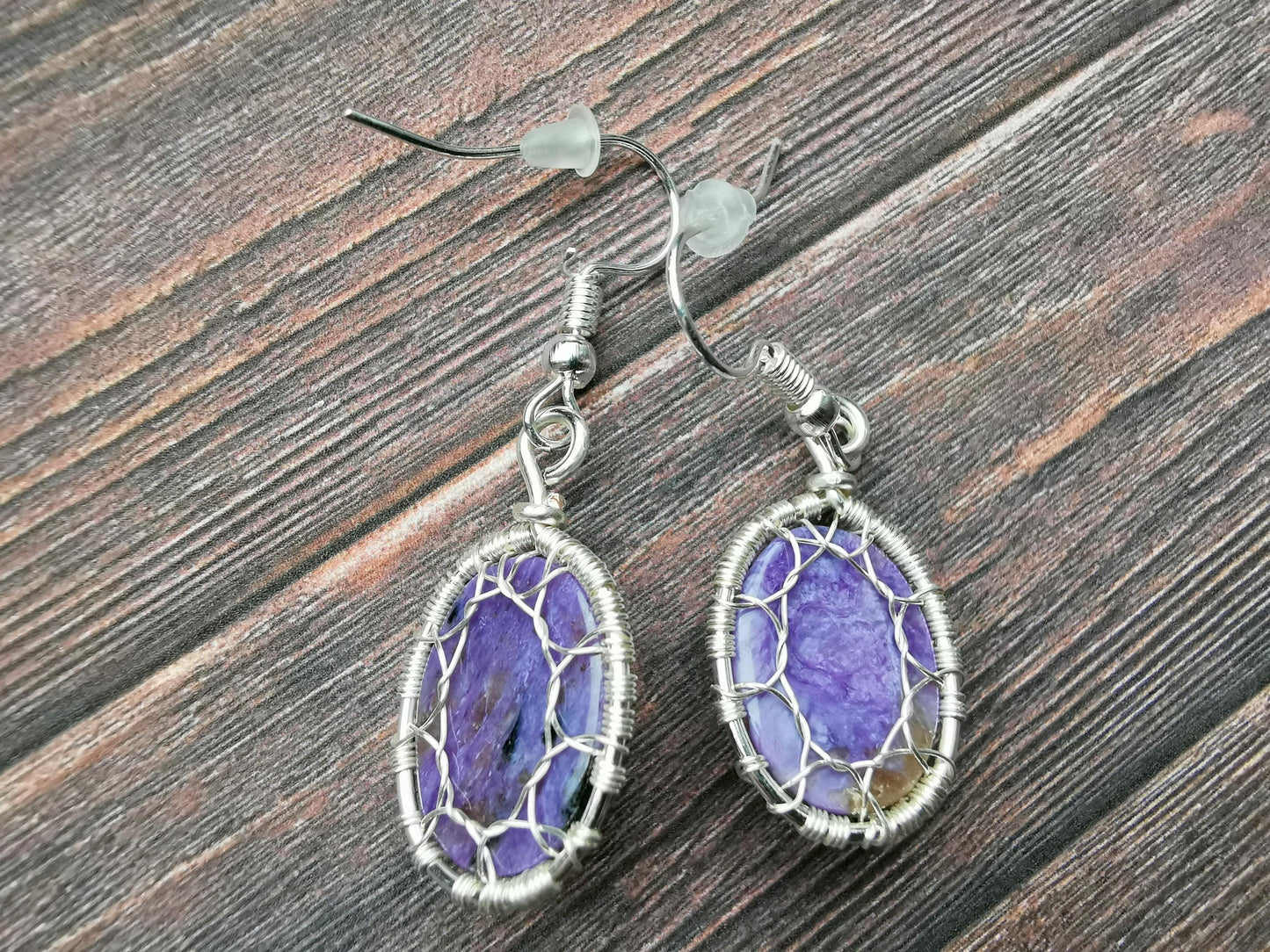 Tree earrings with charoite gemstones