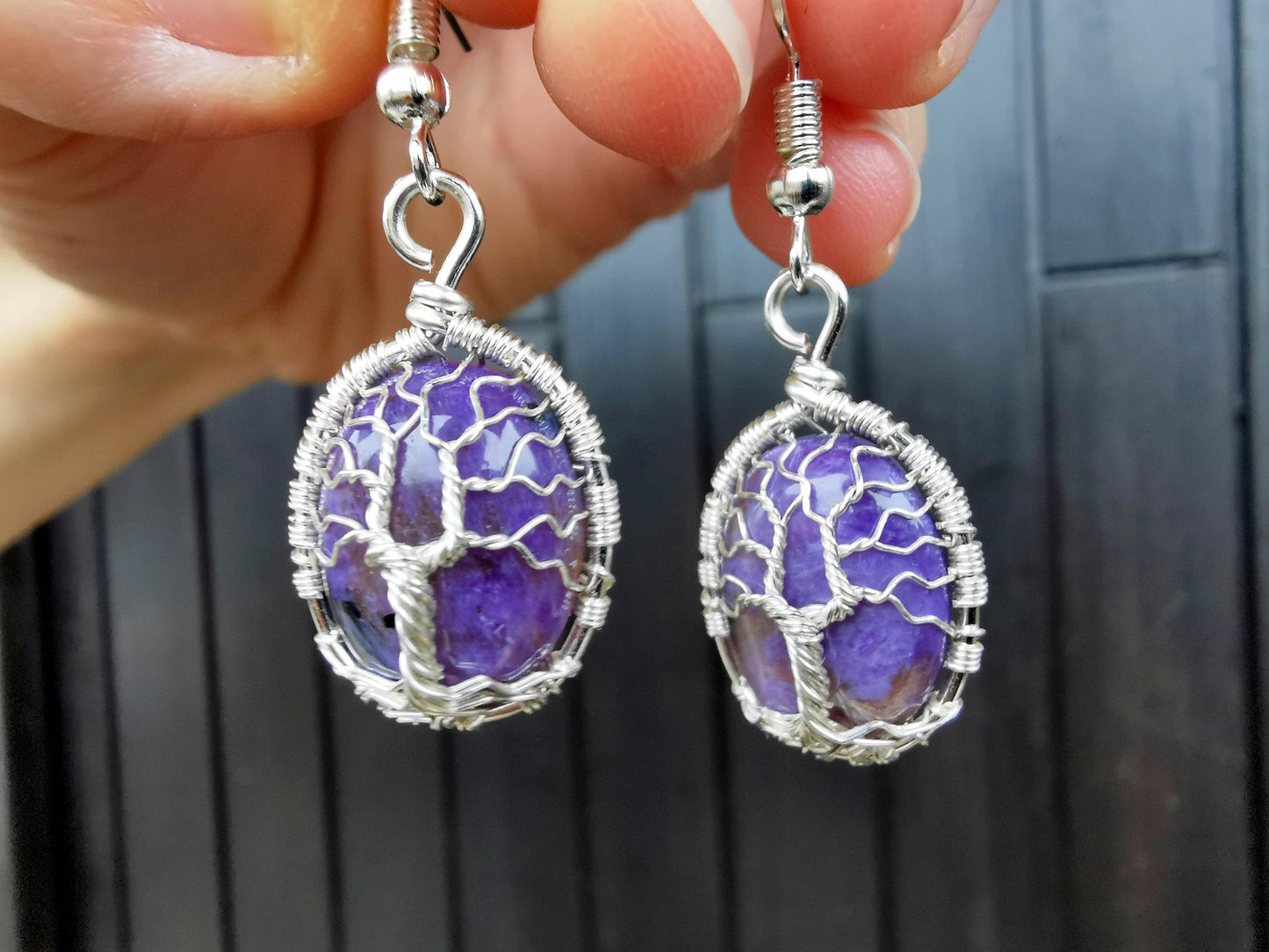 Tree earrings with charoite gemstones