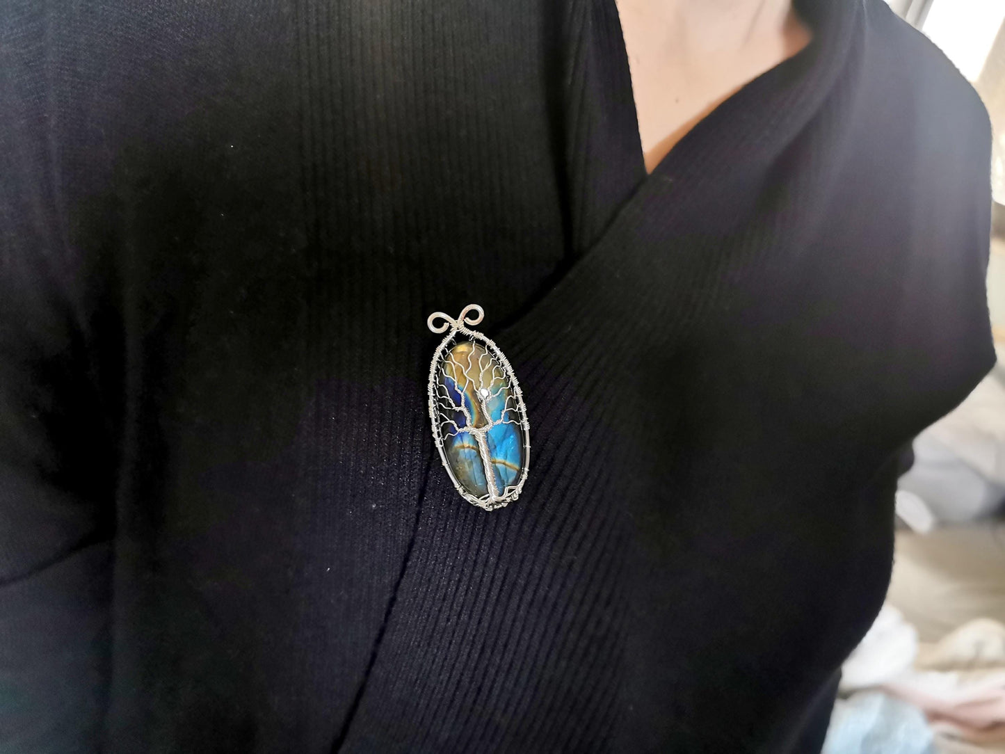 Tree brooch with a labradorite gemstone