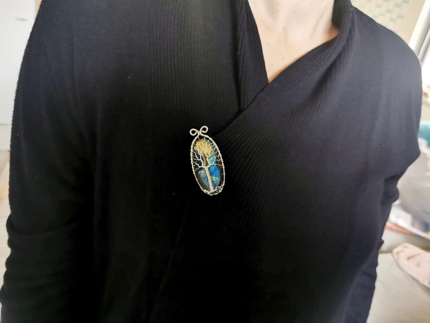 Tree brooch with a labradorite gemstone