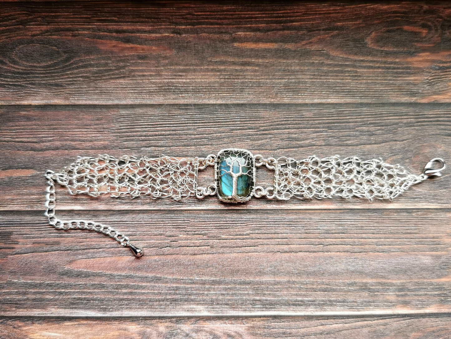 Wire crochet tree bracelet with a labradorite gemstone