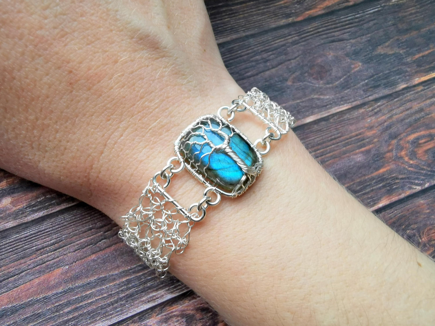 Wire crochet tree bracelet with a labradorite gemstone