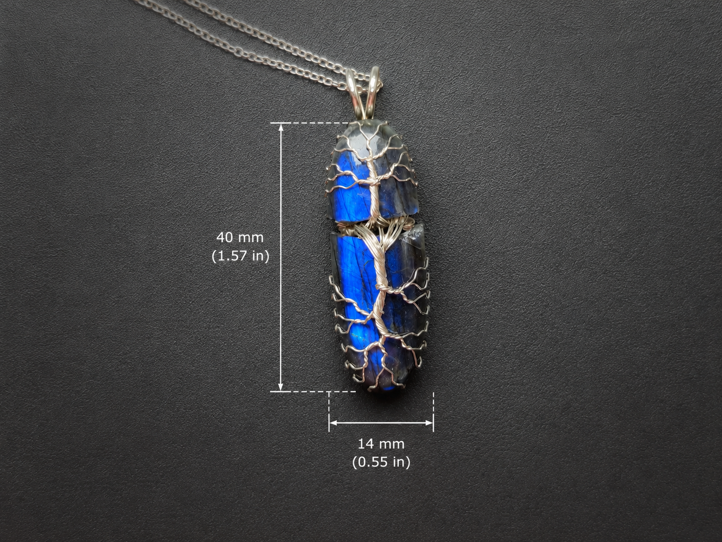 Tree pendant with a broken labradorite gemstone
