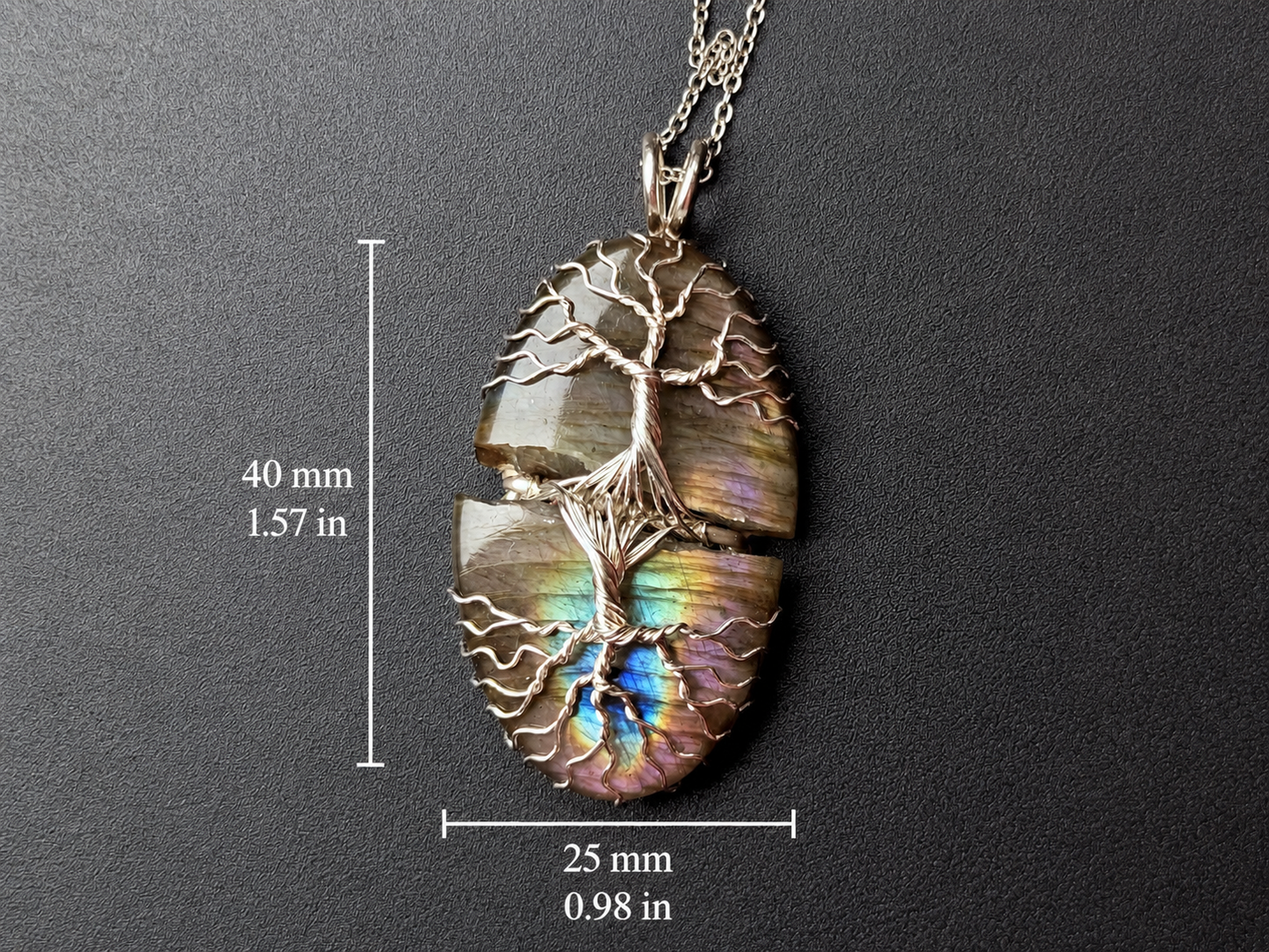 Tree pendant with a broken labradorite gemstone